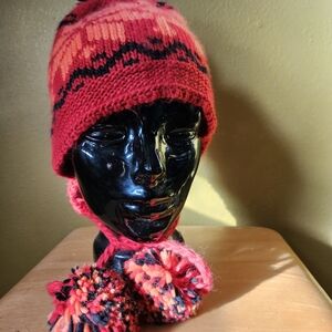 Cozy Red and Black Kids Pom-Pom Hat